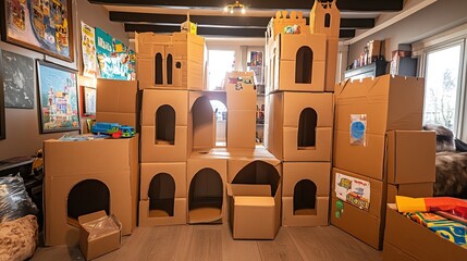 cardboard box fort with tunnels and towers