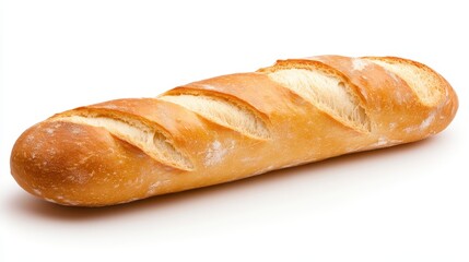 A long loaf of bread with a white background. The bread is sliced and has a crust. The bread is fresh and ready to be eaten