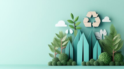 Eco-friendly concept with paper cut trees, houses, and recycling symbol on mint green background representing sustainability and environmental care.