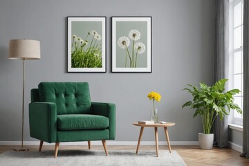 Green armchair between dandelion and plant in living room interior with copy space and grey painting