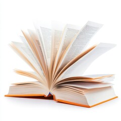 Open book with pages turning in mid-air, isolated on a white background