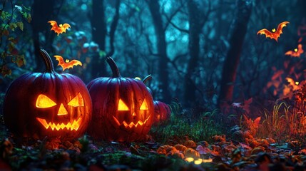 Naklejka premium Halloween decor with glowing pumpkins against a spooky nighttime forest.