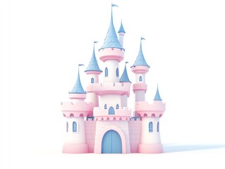 Pastel castle clipart, 3D cute style, enchanted towers, soft hues, isolated on white background