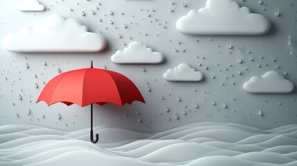 Red Umbrella with rain and clouds vector 3d design on color background,Yellow parasol illustration with thunderstorm,rainny day,Clouds,lightning and raindrops in sky,Monsoon sale,banner template.