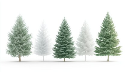 Obraz premium A row of five evergreen trees, all of which are white. The trees are lined up next to each other, creating a sense of unity and harmony. The white color of the trees contrasts with the green leaves