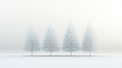 Obraz premium A row of four white trees are standing in a snow-covered field. The trees are bare and have no leaves, giving the scene a cold and desolate feeling