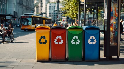 Eco-Friendly Recycling Bins with Colorful Symbols at Urban Bus Stop