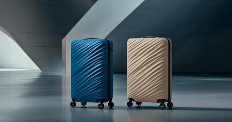 Two travel suitcases on wheels in an airport background
