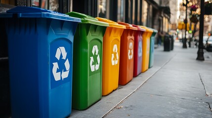 Urban Recycling Solutions - Empty Recycling Bins with Colorful Symbols on City Sidewalk