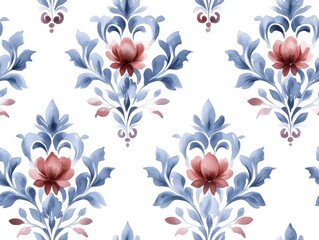 damask pattern featuring intricate floral motifs, seamlessly flowing in a Watercolor style