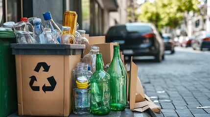 Environmental Sustainability in the City: Recycling Bin on Urban Street with Glass Jars and Cardboard Boxes