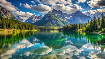 Fototapeta premium Scenic lake surrounded by majestic mountains , nature, landscape, tranquil, reflection, water, serene, peaceful, outdoors