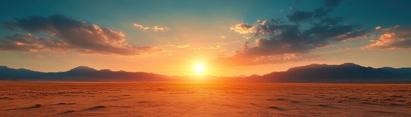 Stunning Sunset Over Desert Landscape with Mountains and Dramatic Sky