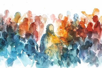 Minimalist Watercolor Illustration of Jesus Feeding the Hungry Masses, Capturing the Beauty of the Miracle of the Five Thousand
