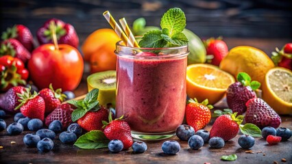 Close-up of a vibrant smoothie with a variety of fresh fruits and artistic garnish under studio lighting, smoothie, colorful