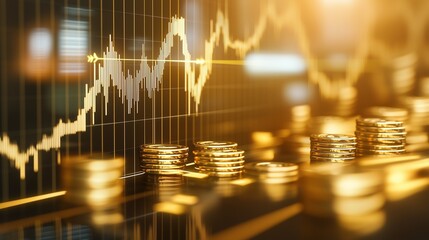 Stacks of gold coins with a stock market graph in the background, symbolizing gold market trends and investment opportunities.