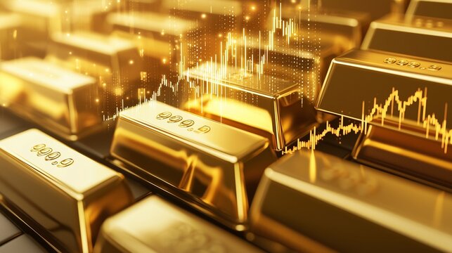 Gold bars with stock market graphs symbolize wealth management and investment growth.