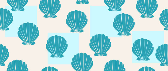 Obraz premium Vector flat illustration. Seamless sea shells. Relaxation concept. In cartoon style. Cute print. Ideal for gift wrapping, posters, covers, screensavers, textile decor, etc.