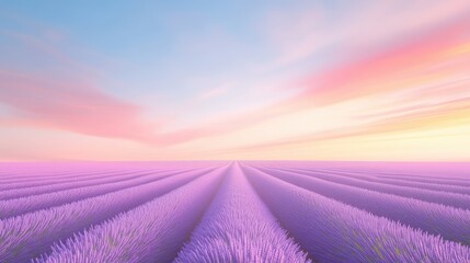 A field of lavender with a pink and orange sky in the background. The sky is filled with clouds and the sun is setting