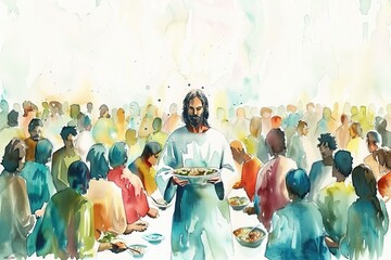 Minimalist Watercolor Illustration of Jesus Feeding the Hungry Masses, Capturing the Beauty of the Miracle of the Five Thousand