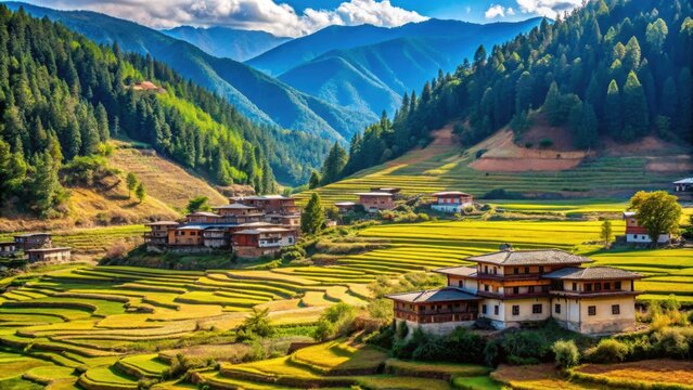 Traditional Bhutanese farmland in the picturesque Bumthang Valley , Bhutan, Bumthang Valley, traditional, farmland, agriculture