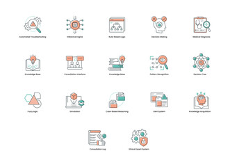 Expert Systems. A vibrant icon set for expert systems, illustrating AI components like decision trees, inference engines, and medical diagnostics, perfect for tech applications, educational resources,