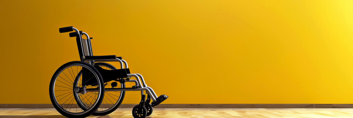 International Day of Persons with Disabilities. Empty wheelchair on yellow background. Horizontal banner. Copy space. World Disability day. Problem of accessibility and inclusion of disabled people