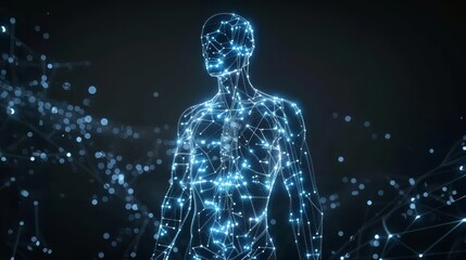 Sharp focus UHD 4K holographic depiction of the human figure's structure glowing amidst a dark scene.