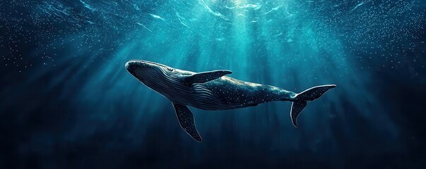 Fototapeta premium Blue whale swimming through bioluminescent plankton, deep ocean, vibrant underwater scene, watercolor style