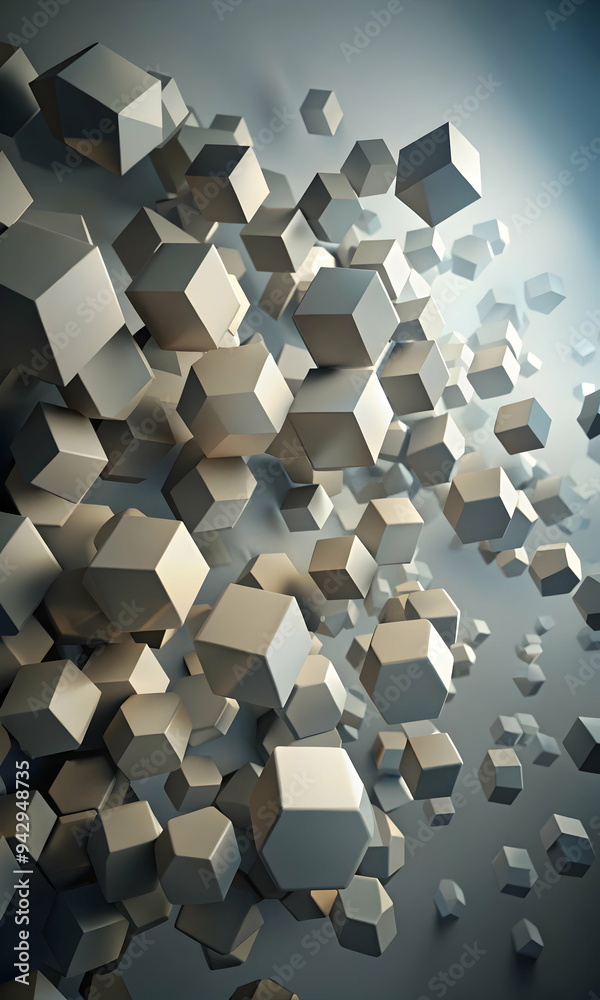 Poster hexagon dreams: a mesmerizing abstract design featuring a swarm of hexagonal shapes floating in a dr