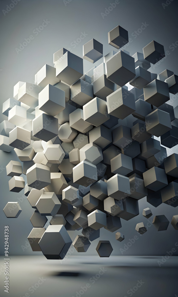Poster hexagon dreams: a mesmerizing abstract design featuring a swarm of hexagonal shapes floating in a dr