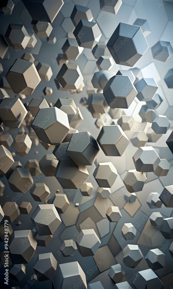 Poster hexagon dreams: a mesmerizing abstract design featuring a swarm of hexagonal shapes floating in a dr
