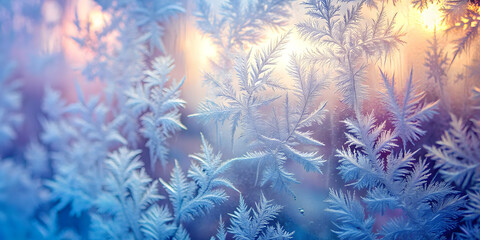 Winter's Frozen Embrace: Intricate frost formations dance across a windowpane, bathed in the soft, ethereal glow of a winter sunrise. 