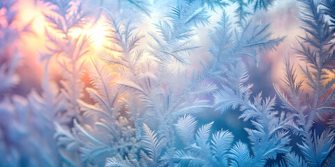 Winter's Frozen Embrace: Intricate frost formations dance across a windowpane, bathed in the soft, ethereal glow of a winter sunrise. 