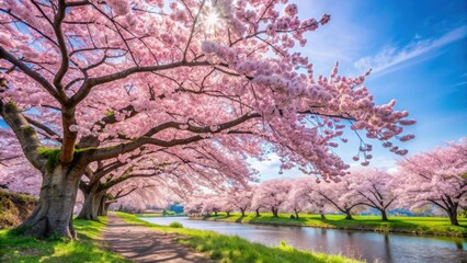 Naklejka premium Beautiful sakura tree in full bloom during spring season, Cherry blossom, pink flowers, Japan, petals