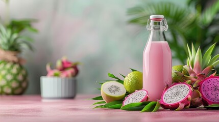 Stylish glass bottle of dragon fruit juice with fresh dragon fruit, presenting a premium and vibrant appearance for high-end displays.