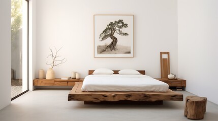 Minimalist guest room with wooden furniture and white walls
