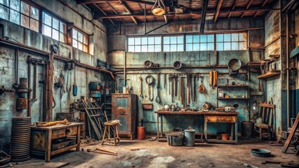 Abandoned old vehicle repair station with rusted tools and equipment , abandoned, old, vehicle, repair, station, rusted