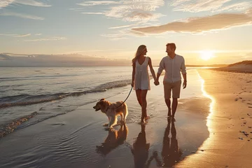 Fotobehang Stunning sunset backdrop highlights the bond between the couple and their pet during their holiday getaway. © Gophotograph