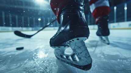 Close-up of ice hockey skate blade on ice.