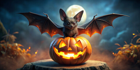 Creepy bat with glowing eyes perched on a halloween pumpkin. A bat sitting on a carved orange evil halloween jack o lantern. Halloween holiday, spooky night concept