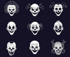Spooky clown face icons in a straightforward vector line art design for Halloween.
