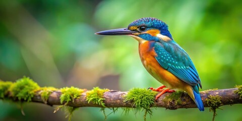 Fototapeta premium Vibrant photo of a kingfisher perched on a branch in a lush, green forest , bird, wildlife, nature, vibrant, colorful