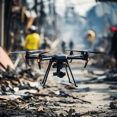 A drone surveying a disaster area for rescue operations.