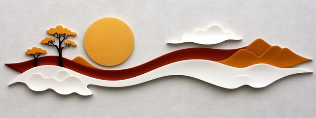 White and gold wall mural with relief of a Chinese landscape featuring mountains