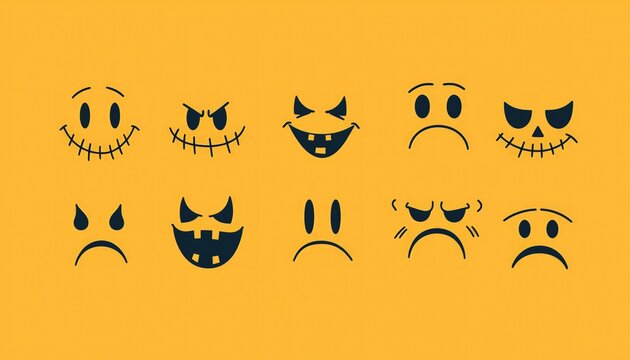 Halloween logo design vectors featuring simple line-drawn smiling and frowning faces.