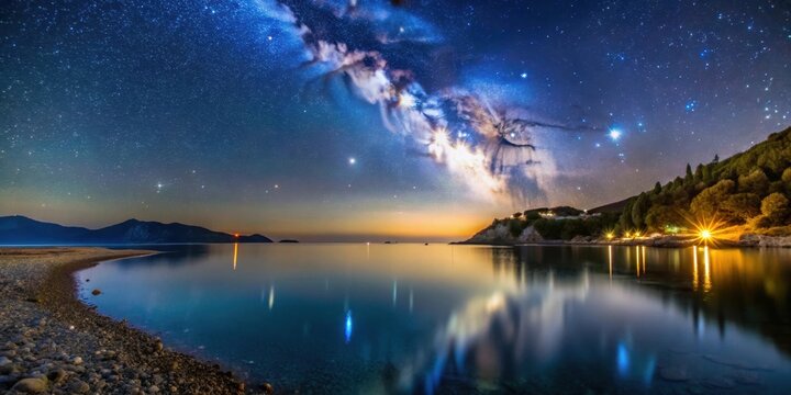 Night starry sky reflecting on the calm sea water at Keramoti beach in Greece, starry sky, night, beach, Keramoti
