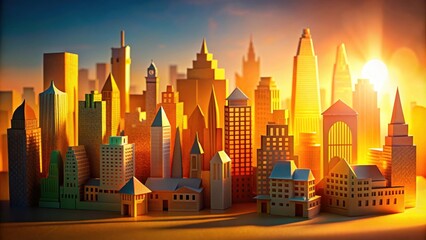 Obraz premium Vibrant paper art cityscape with buildings casting long shadows during golden hour, cityscape, paper art, vibrant