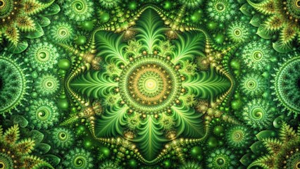 Fototapeta premium Elaborate tapestry of green with fractal geometry and botanical shapes, emerald, vista, mesmerizing, tapestry, green, fractal