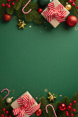 A green vertical holiday background featuring red gifts with striped bows and various Christmas ornaments, creating a festive atmosphere